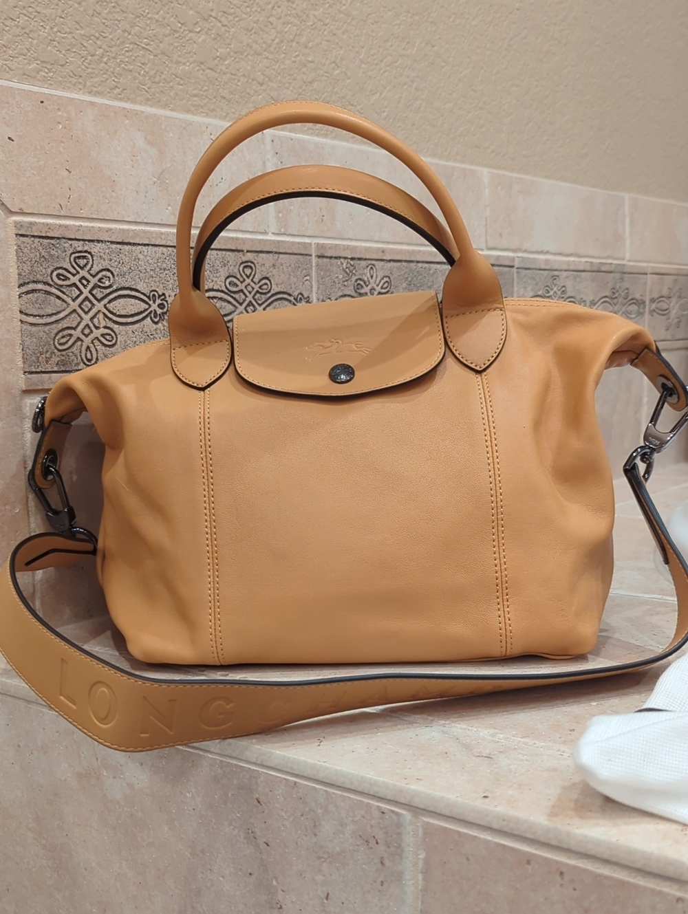 Longchamp Le Pliage Cuir Logo Strap Honey Beige Bag